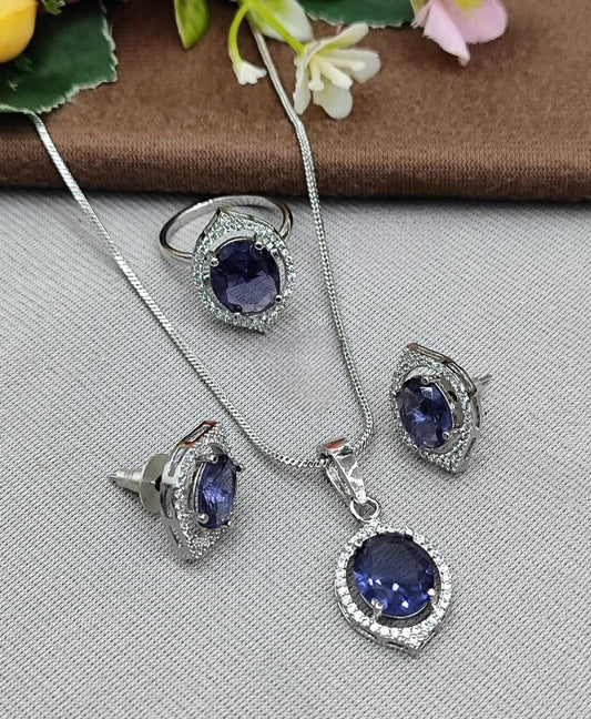 Royal Blue CZ  Pendant Set, Earrings & Ring in Silver Finish with Halo Design