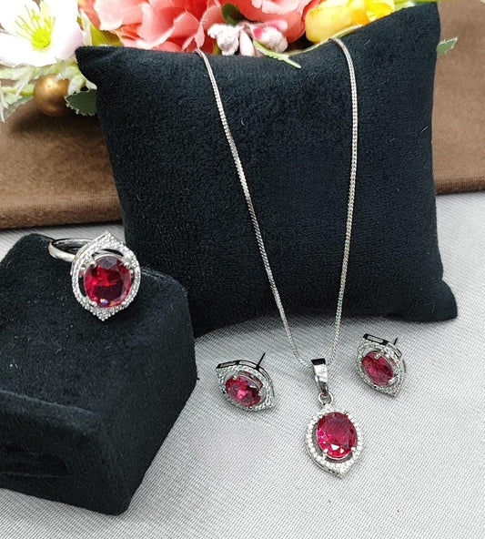 Ruby Red CZ Pendant Set , Earrings & Ring in Silver Finish with Halo Design