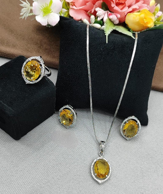 Golden Yellow CZ Pendant Set ,Earrings & Ring in Silver Finish with Halo Design