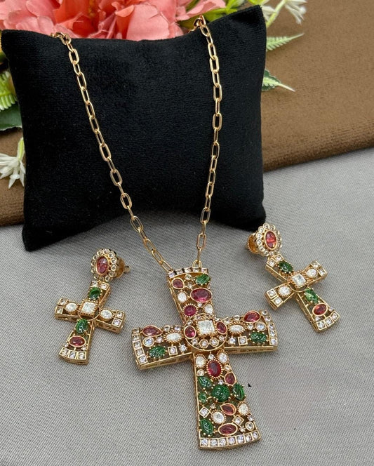 Gold Finish Cross Pendant Set with Earrings Multi-Color CZ Stones
