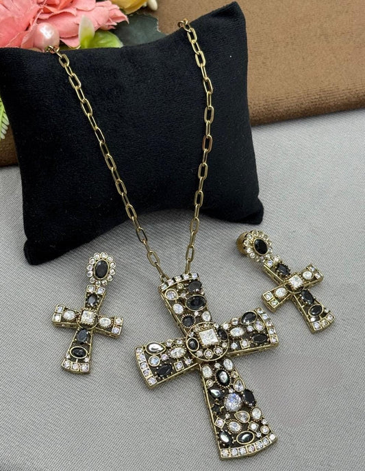 Gold Finish Black & White CZ Cross Pendant Set with studs