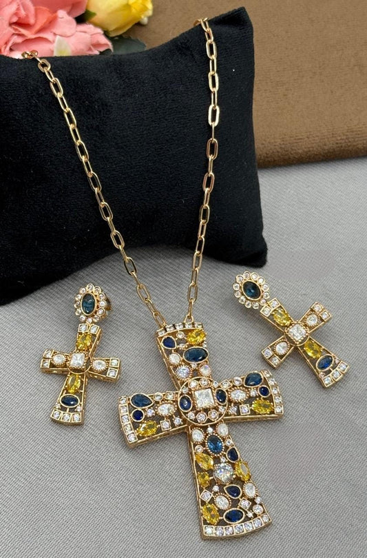 Gold Finish Cross Pendant Set with Earrings Blue & Yellow CZ Stones