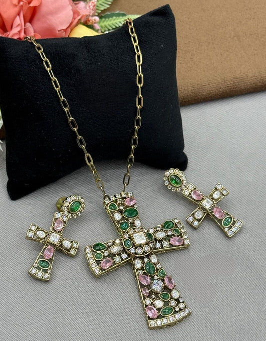 Gold Finish Cross Pendant Set with Earrings Green & Pink CZ Stones