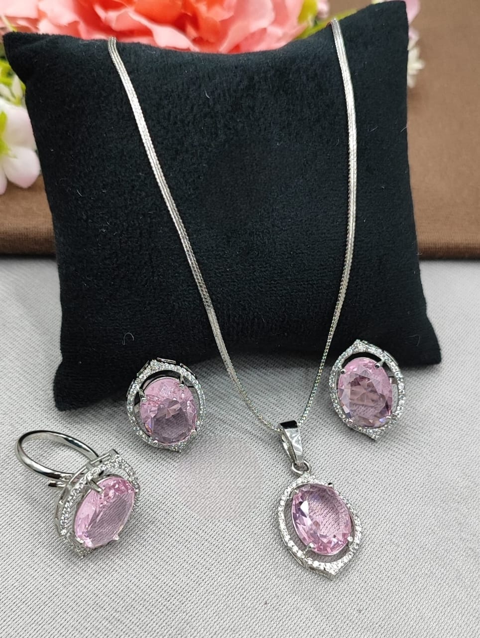 Golden Pink CZ Pendant Set ,Earrings & Ring in Silver Finish for women