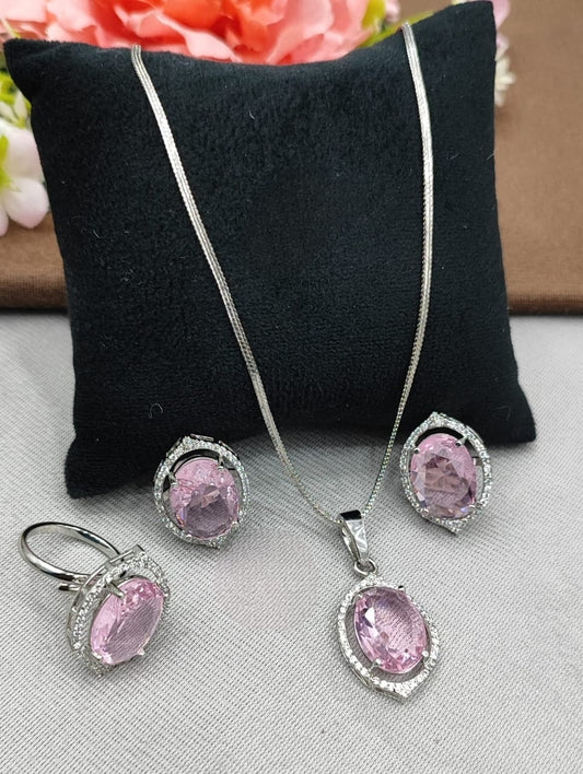 Golden Pink CZ Pendant Set ,Earrings & Ring in Silver Finish for women