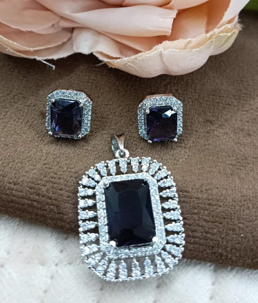 SILVER POLISH WITH PURPLE  AD STONE PENDANT SET FOR WOMEN