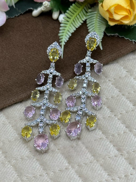 Pink & Yellow Crystal Chandelier Earrings for women