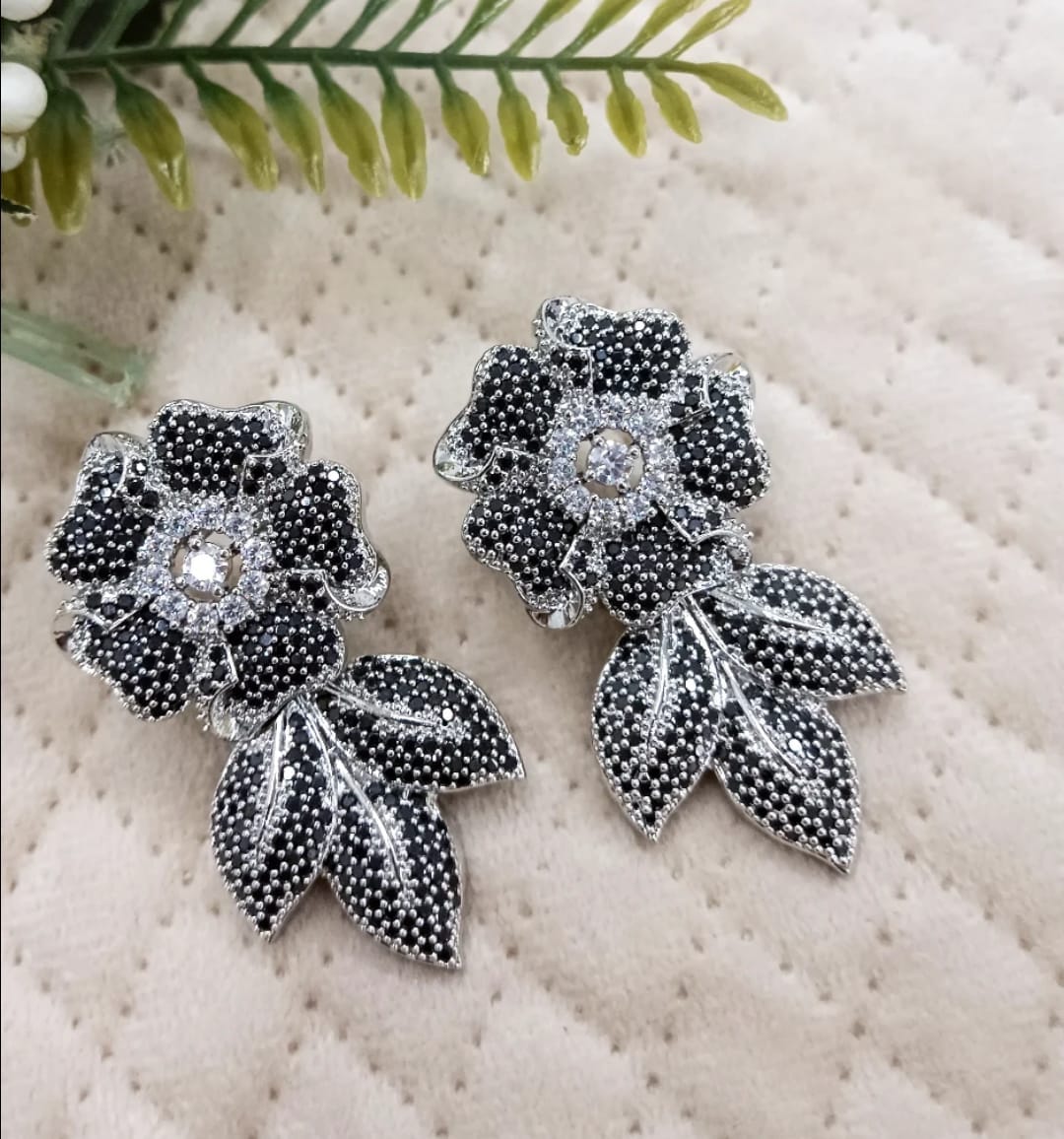 Black Crystal Floral Leaf Earrings for women and girl