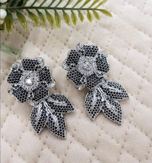 Black Crystal Floral Leaf Earrings for women and girl