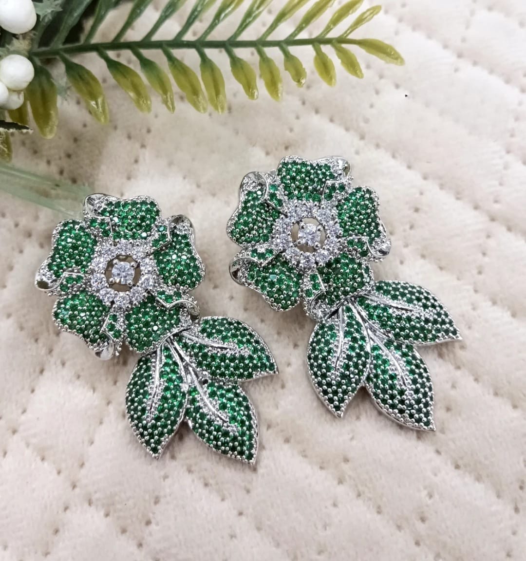 Green Crystal Floral Leaf Earrings for women