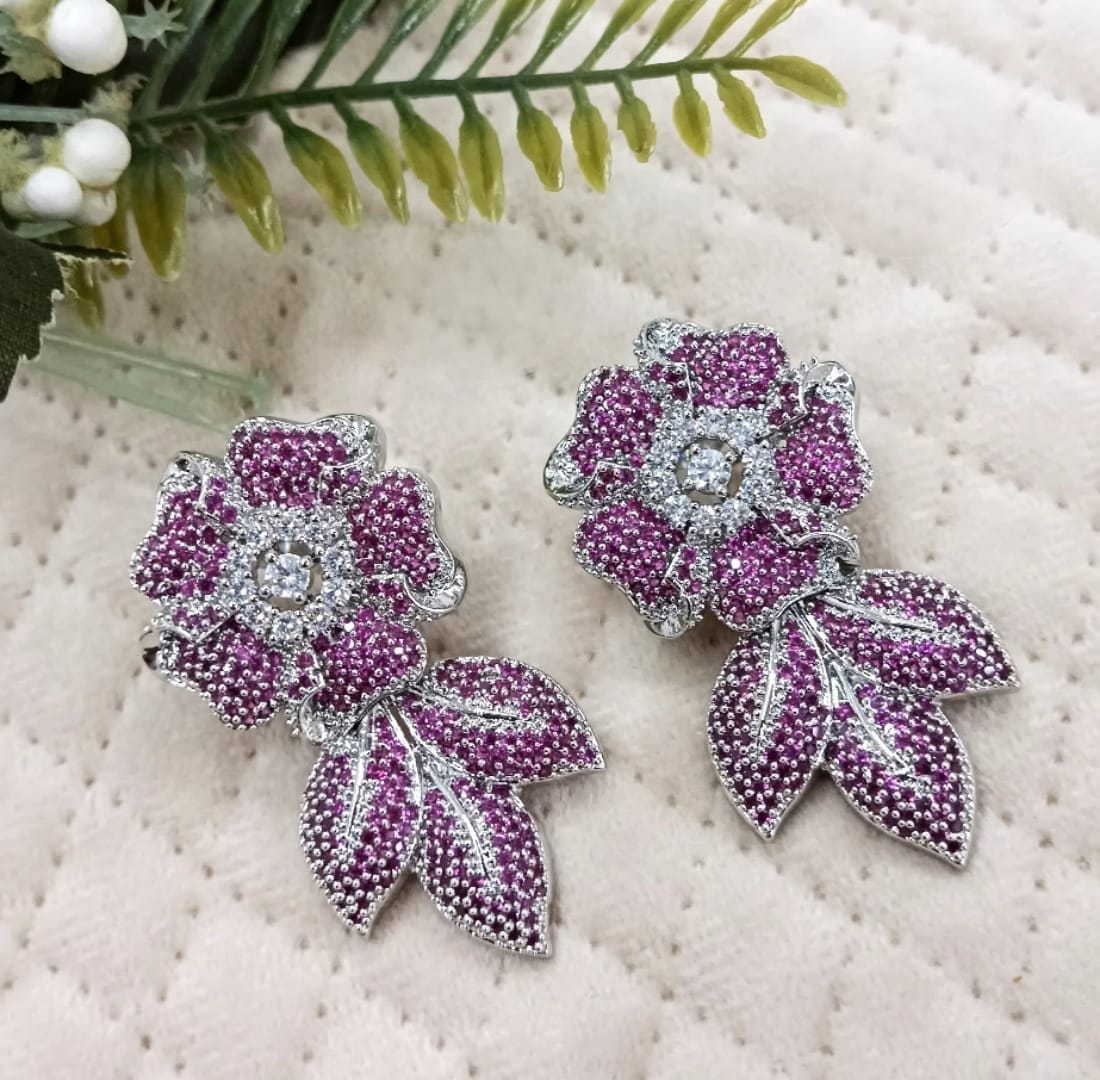 Pink Crystal Floral Leaf Earrings for women