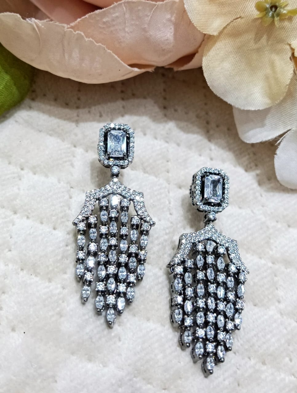 Silver Crystal Tassel Drop Earrings
