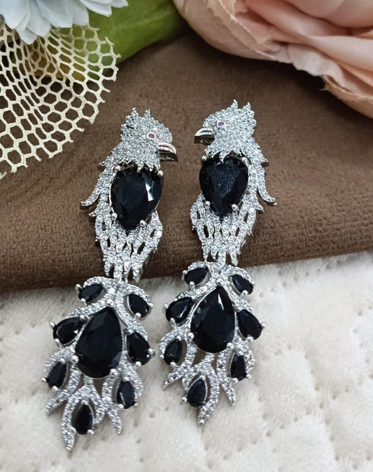 Elegant Peacock Inspired Drop Earrings with Black Stones