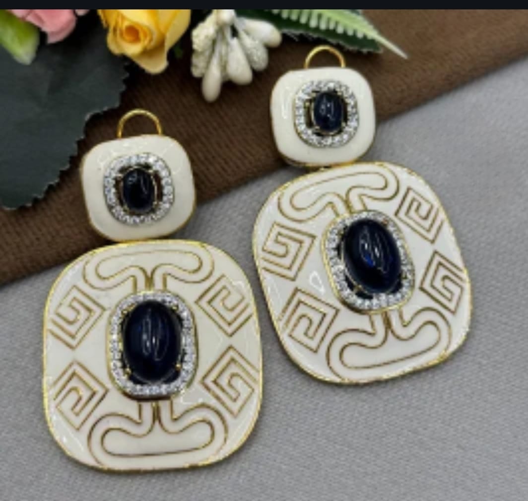 Vintage Greek Key Statement Earrings with Blue Gemstone & Enamel Detailing