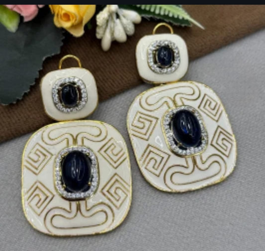 Vintage Greek Key Statement Earrings with Blue Gemstone & Enamel Detailing