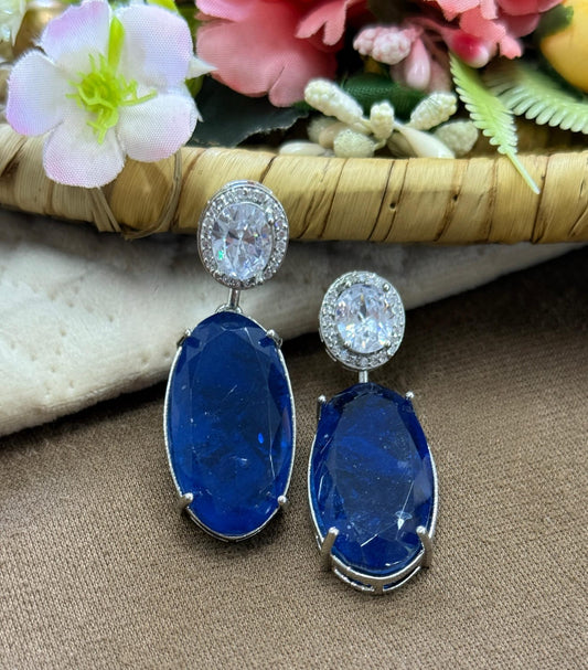 Elegant Blue Sapphire Oval Drop Earrings with Sparkling Crystal Studs