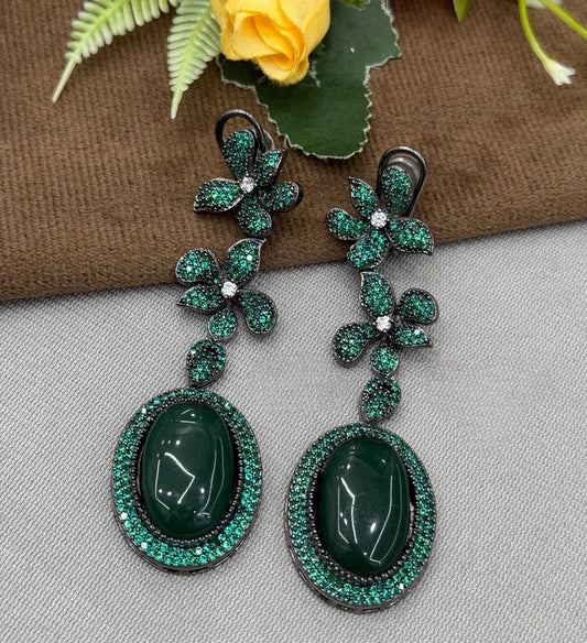 Elegant Green Stone Earrings with Crystal Flowers for Women and Girl