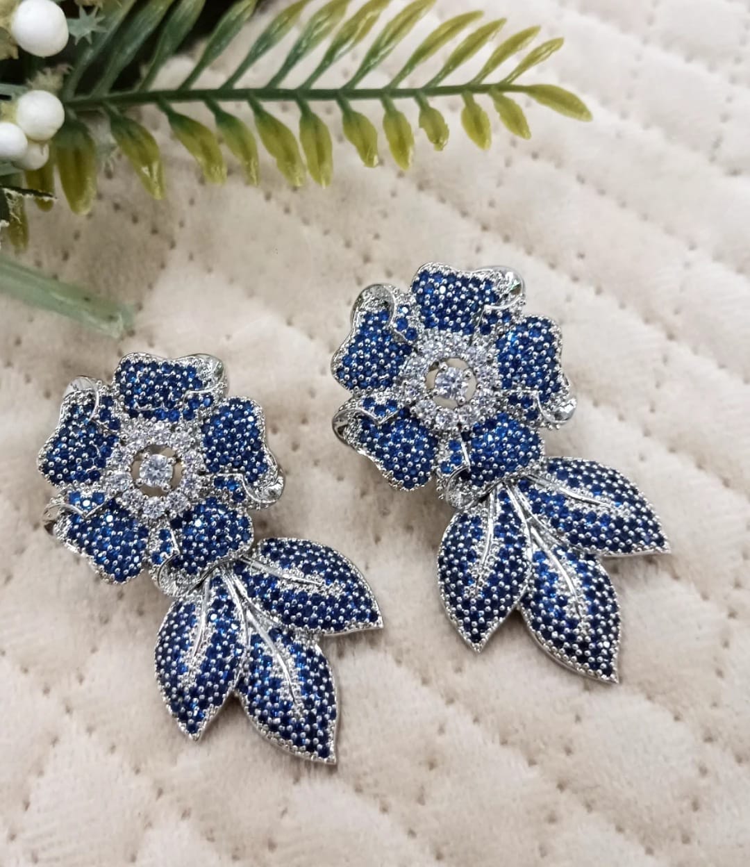 Sapphire Blue Flower Earrings with Sparkling Leaves