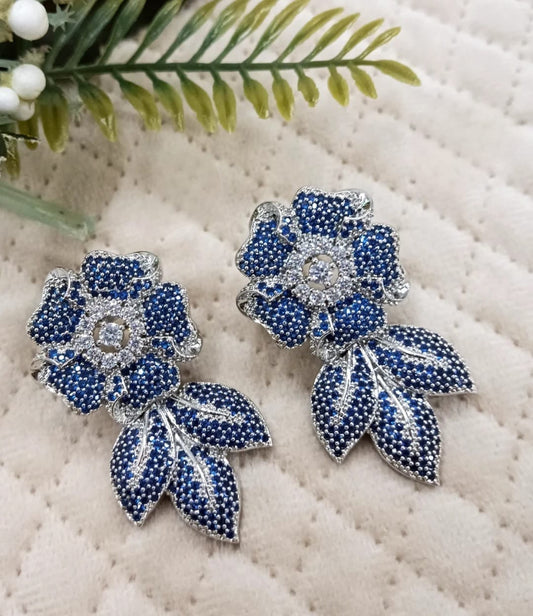 Sapphire Blue Flower Earrings with Sparkling Leaves