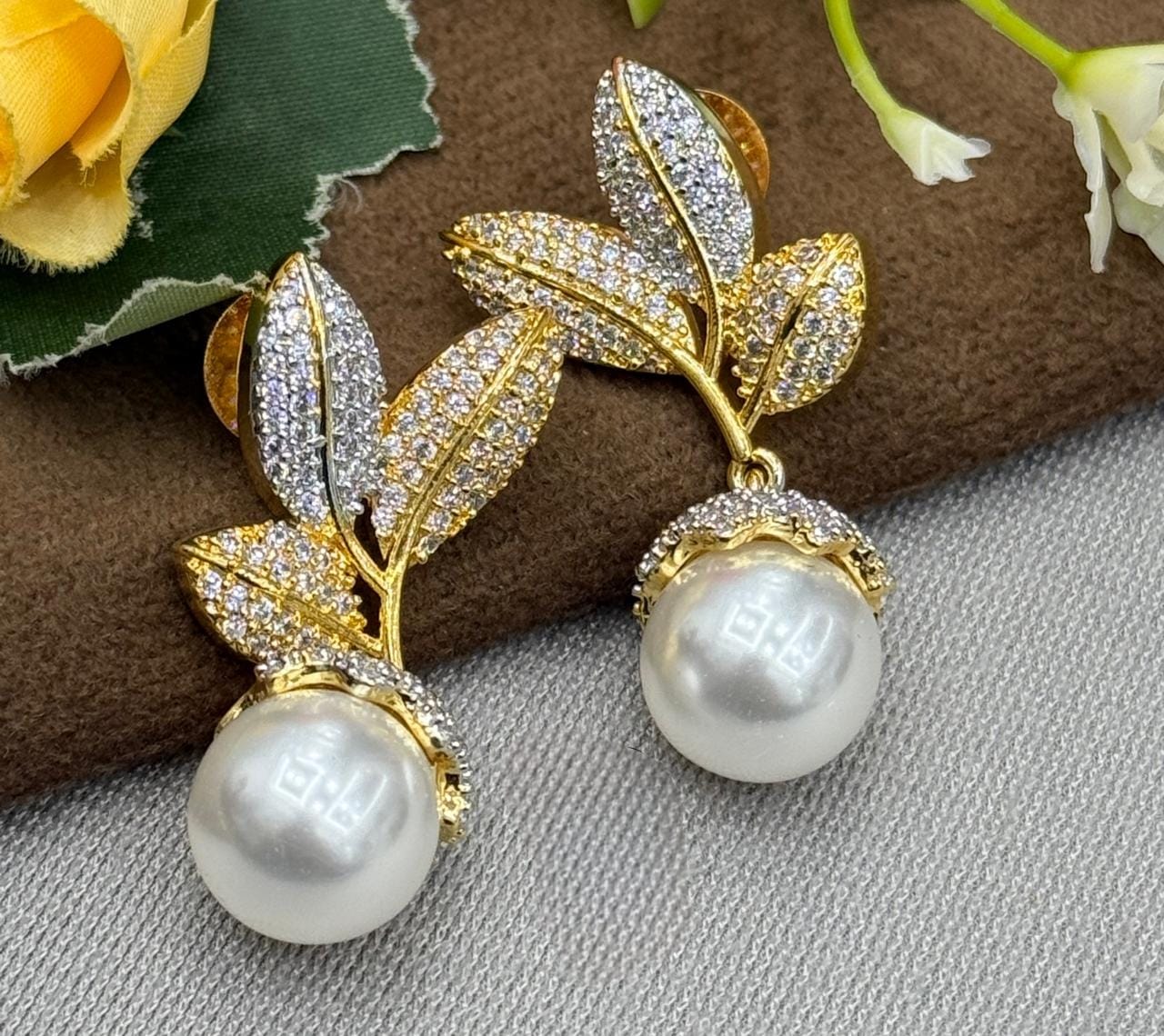 Elegant Crystal Leaf & Pearl Drop Earrings for girl and women