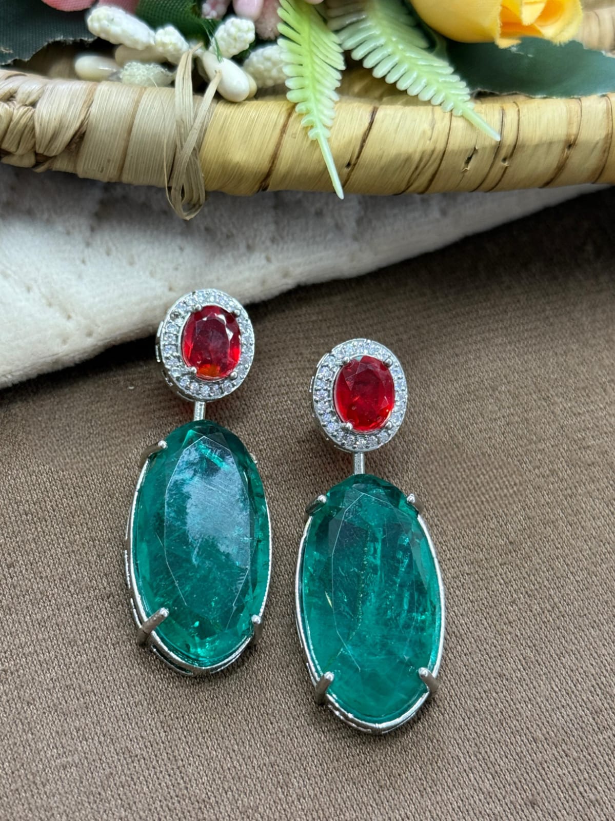 Statement Drop Earrings with Red Ruby & Green Emerald Doublet for women
