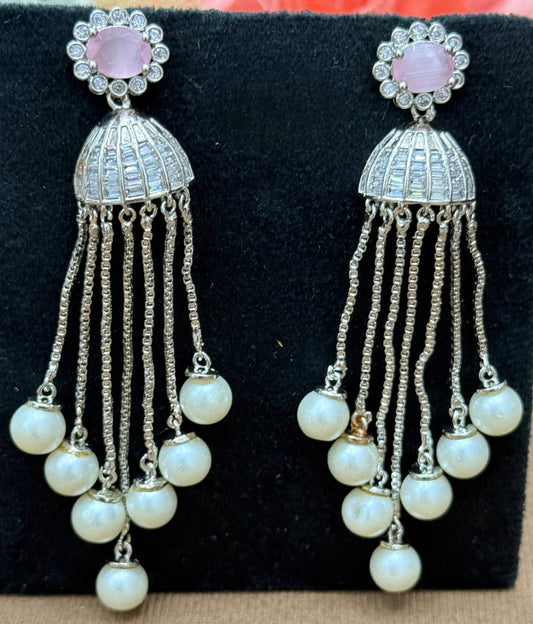 Silver Drop Earrings with Pink Stone, Crystal  & Pearl Tassels