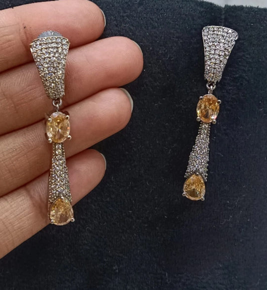 Elegant Long Drop Earrings with Yellow Gemstones