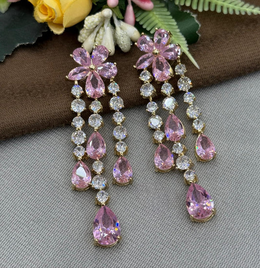 Pink Crystal Flower Drop Earrings