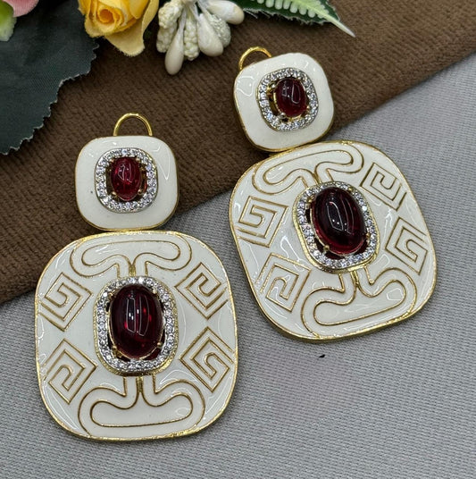 Vintage Greek Key Statement Earrings with Red Gemstone & Enamel Detailing