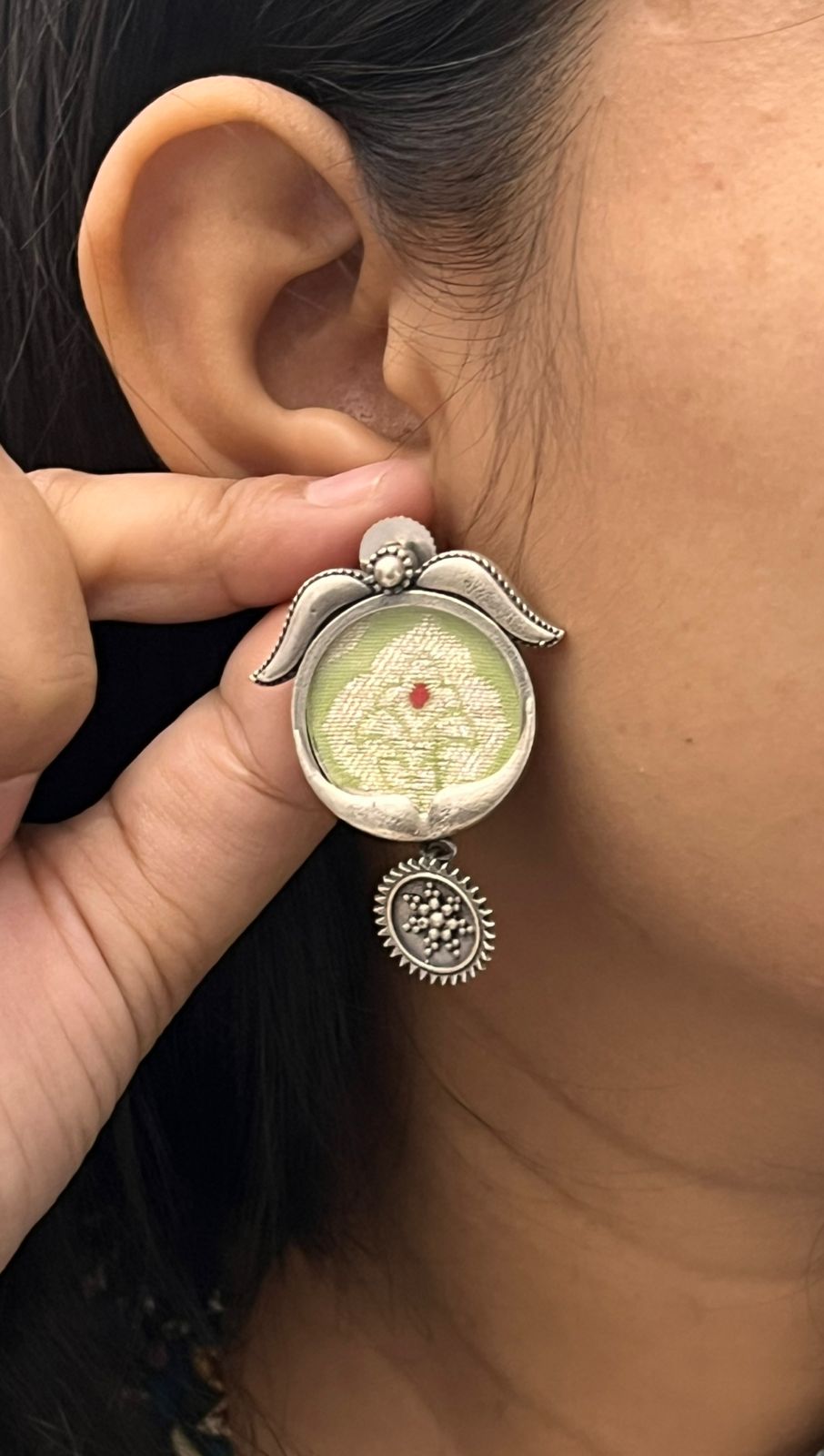 Unique Silver Plated Earrings with Textile Art & Antique Finish