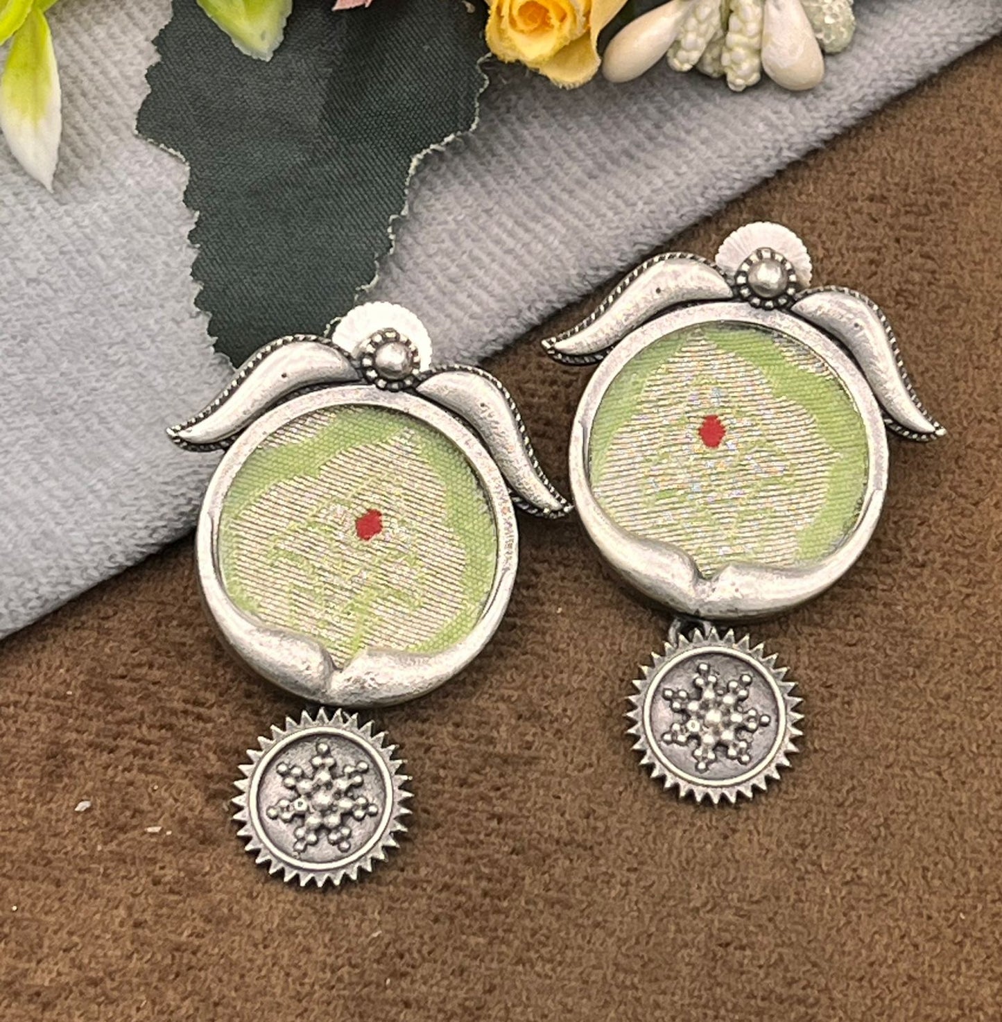 Unique Silver Plated Earrings with Textile Art & Antique Finish