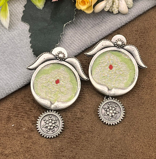 Unique Silver Plated Earrings with Textile Art & Antique Finish