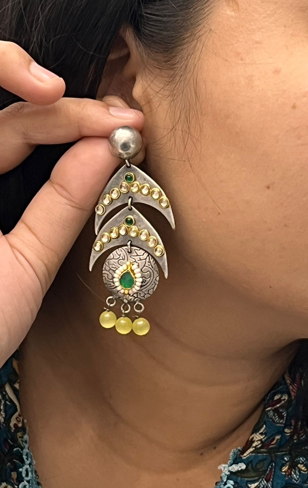 Oxidized Silver Long Earrings with Green Stone & Pearl Detailing