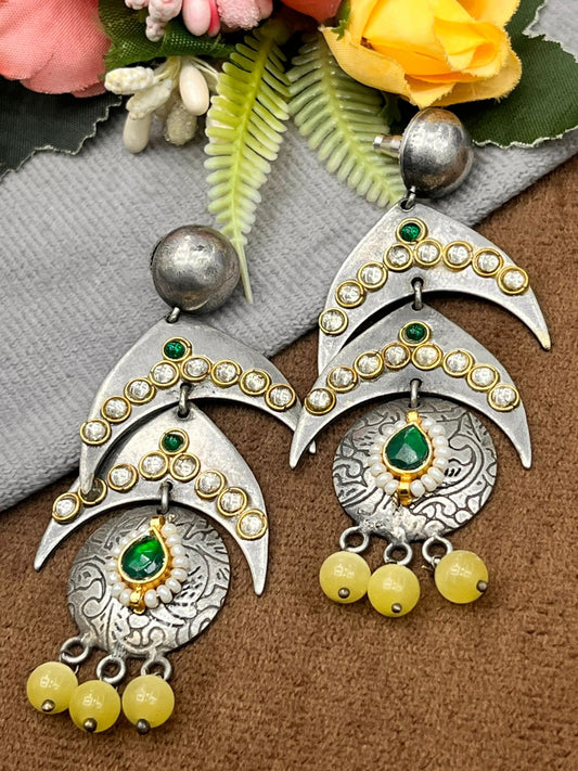 Oxidized Silver Long Earrings with Green Stone & Pearl Detailing