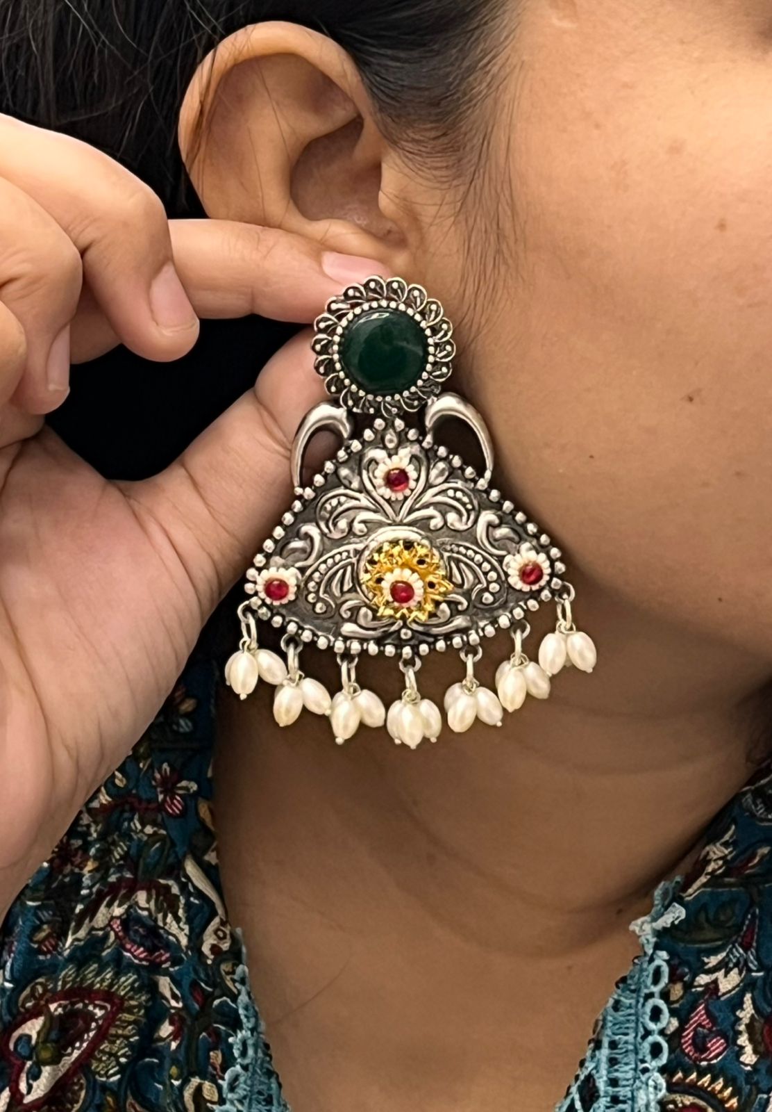 Antique Silver Earrings with Green Stone, Pearl Beads & Floral Design