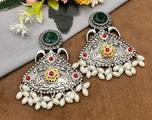 Antique Silver Earrings with Green Stone, Pearl Beads & Floral Design