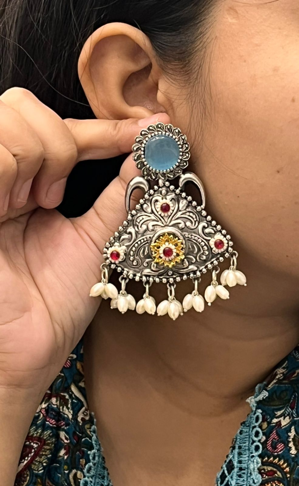 Antique Silver Earrings with Mint Blue Stone, Pearl Beads & Floral Design