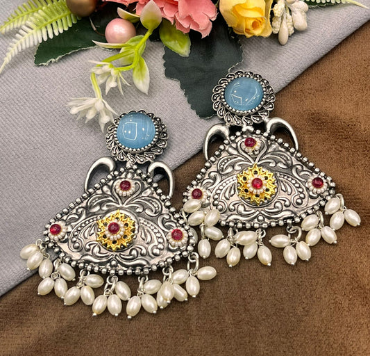 Antique Silver Earrings with Mint Blue Stone, Pearl Beads & Floral Design