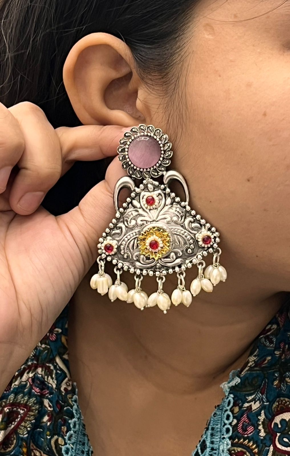 Antique Silver Earrings with Mint Pink Stone, Pearl Beads & Floral Design