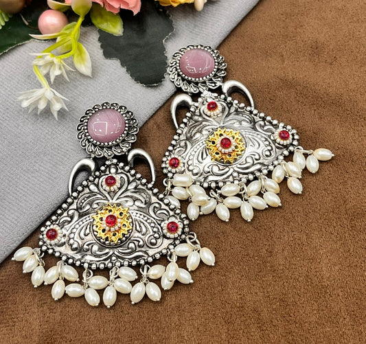 Antique Silver Earrings with Mint Pink Stone, Pearl Beads & Floral Design