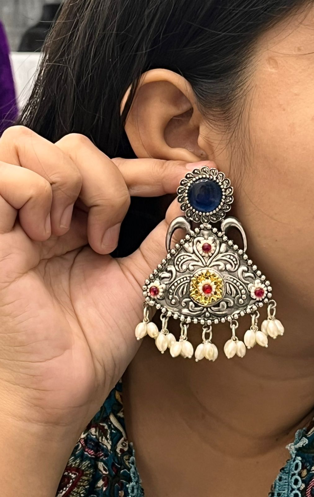 Antique Silver Earrings with Blue Stone, Pearl Beads & Floral Design