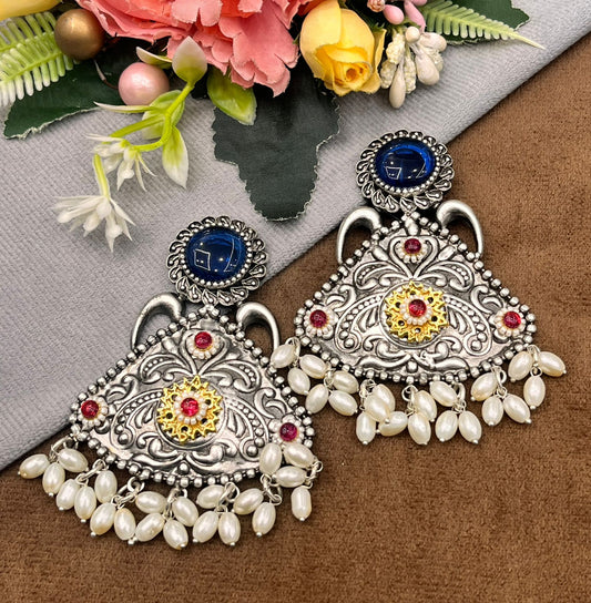 Antique Silver Earrings with Blue Stone, Pearl Beads & Floral Design