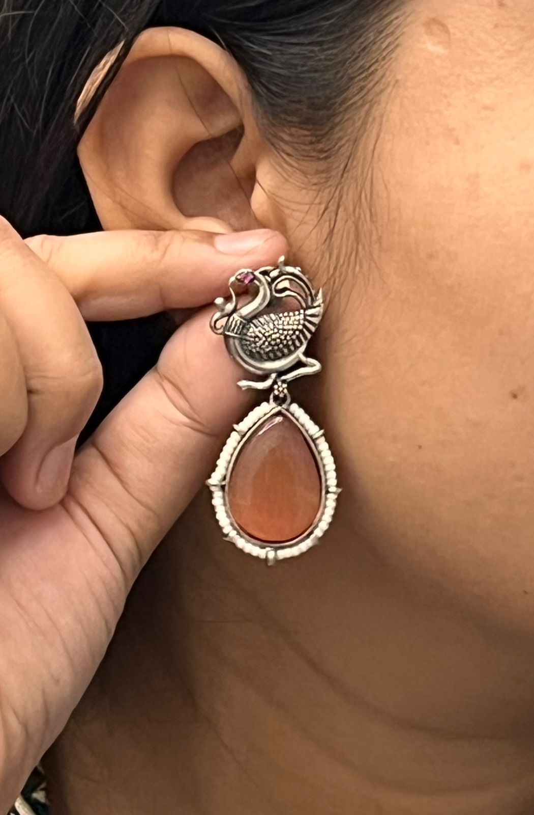 Elegant Orange and Silver Oxidized Earrings with Peacock Design & Teardrop Stone