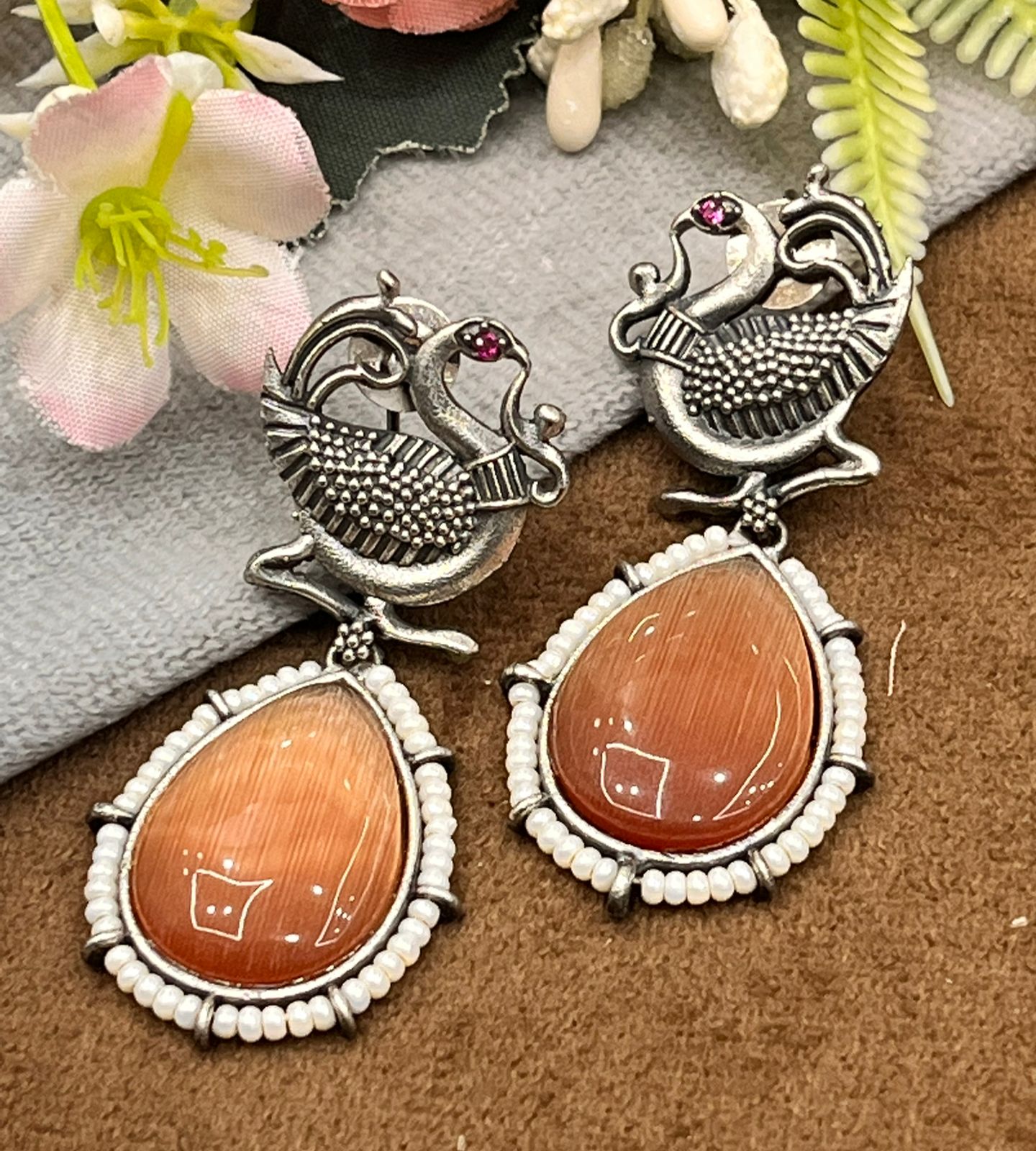 Elegant Orange and Silver Oxidized Earrings with Peacock Design & Teardrop Stone