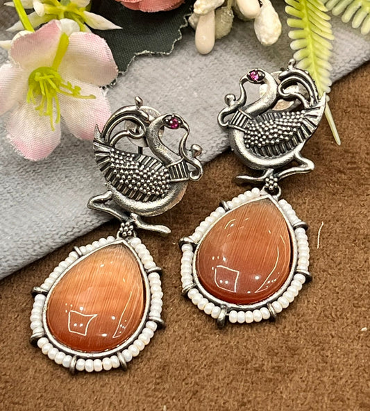 Elegant Orange and Silver Oxidized Earrings with Peacock Design & Teardrop Stone