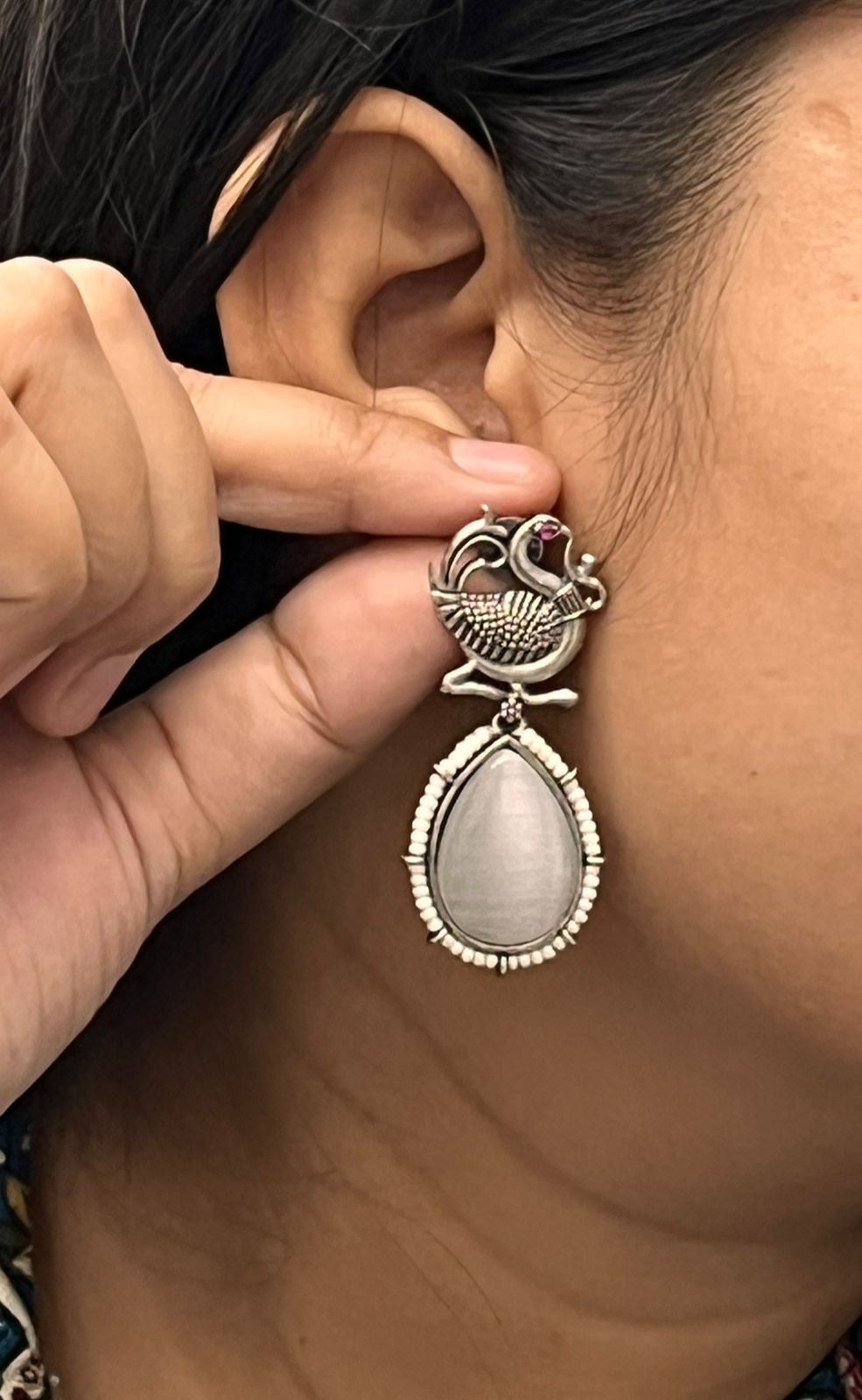Elegant Silver Oxidized Earrings with Peacock Design & Teardrop Stone