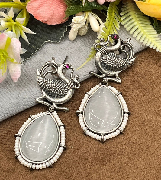 Elegant Silver Oxidized Earrings with Peacock Design & Teardrop Stone