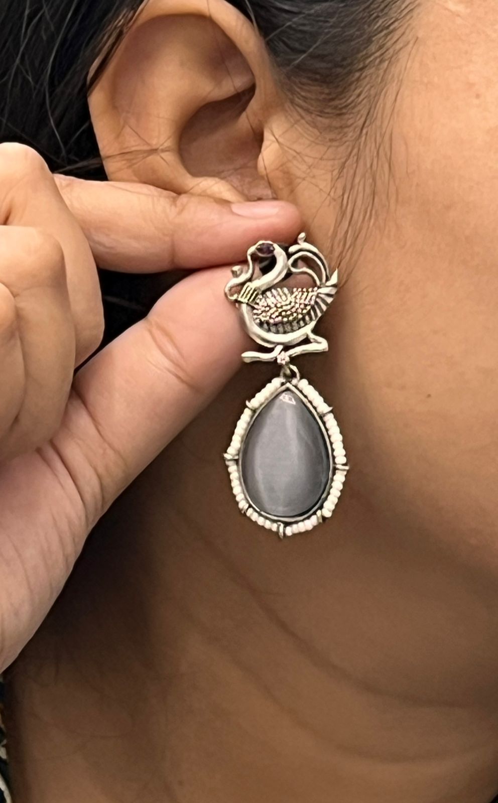 Elegant  Grey and Silver Oxidized Earrings with Peacock Design & Teardrop Stone