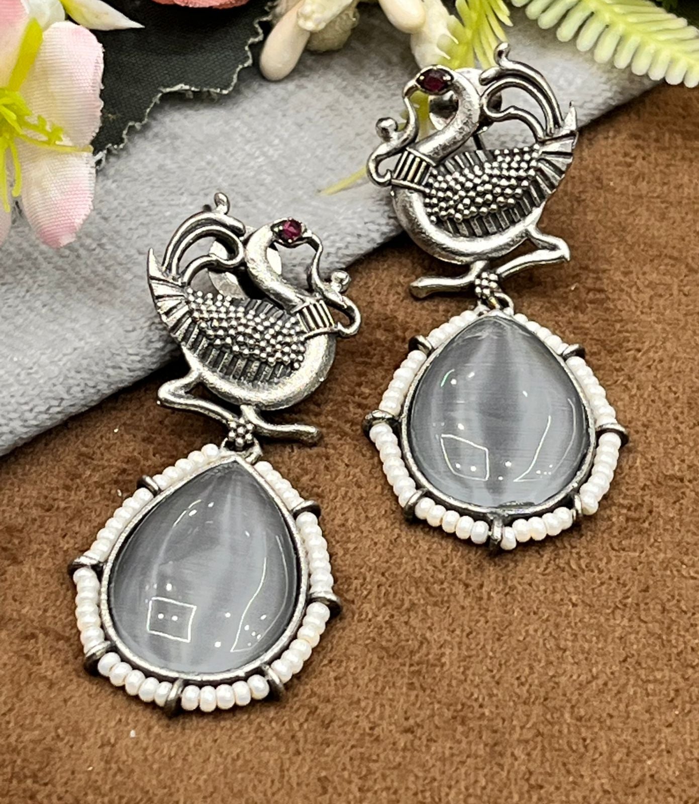 Elegant  Grey and Silver Oxidized Earrings with Peacock Design & Teardrop Stone