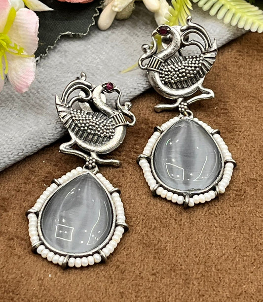 Elegant  Grey and Silver Oxidized Earrings with Peacock Design & Teardrop Stone